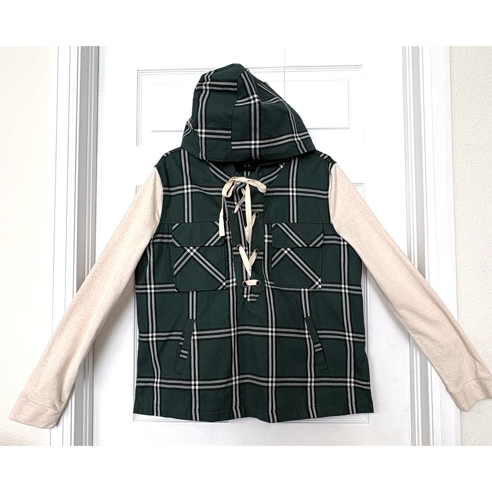 Entro Women Plaid Hooded Top Medium Green Lace-Up Long Sleeve Contrast Knit NWOT